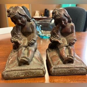 Antique “playmates” Bronze Clad Bookends by John Ruhl for Armor Bronze Mug Co